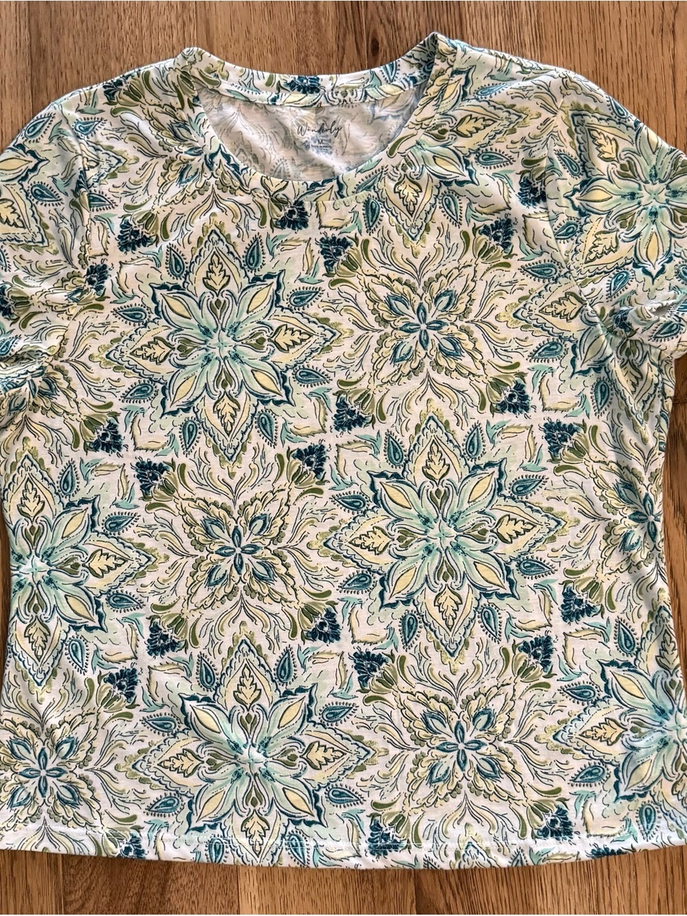 Wonderly White Short Sleeve Top with Blue & Green Floral Medallion Print